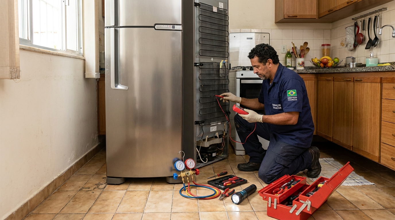 Técnico realizando manutenção de motor de geladeira em Salvador‑BA