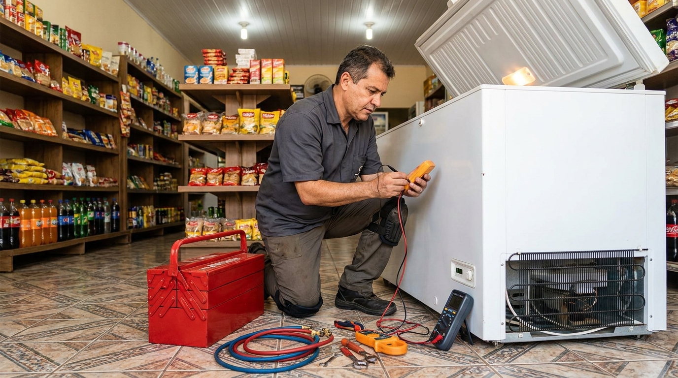 Recarga de gás refrigerante em freezer em atendimento em Salvador‑BA